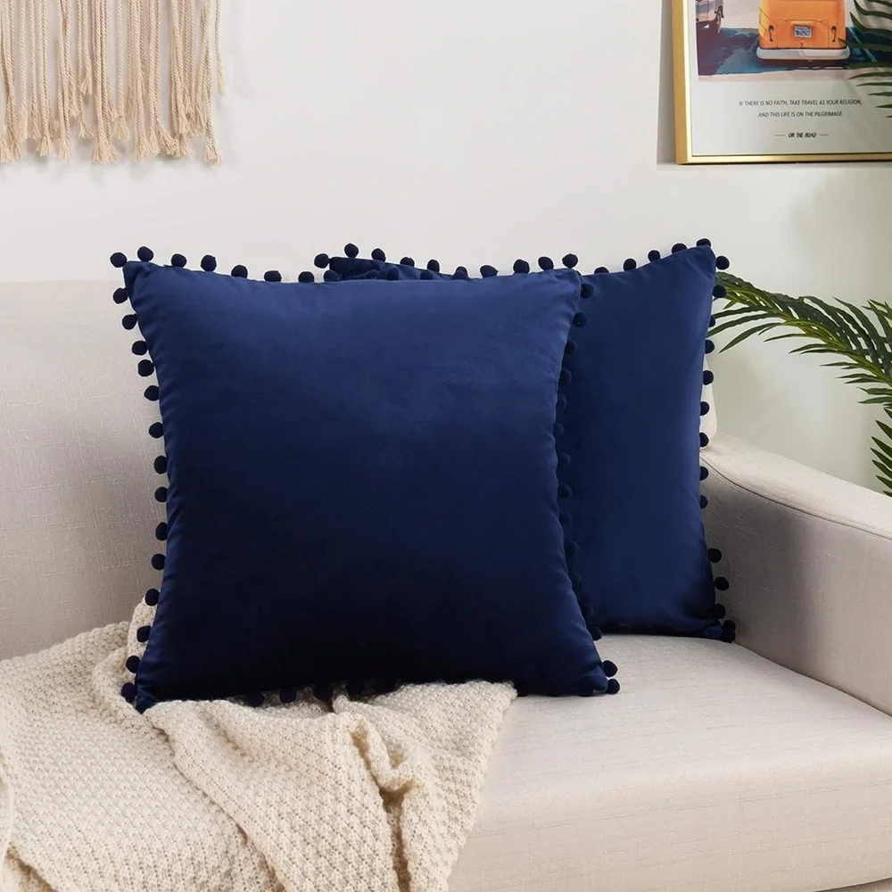 NWOT (2) Pillow Covers Navy Velvet with Pom Pom Accent soft, classic, fun